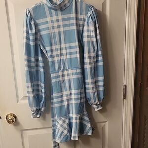 Chic Blue Plaid Dress with Ruffled Hem